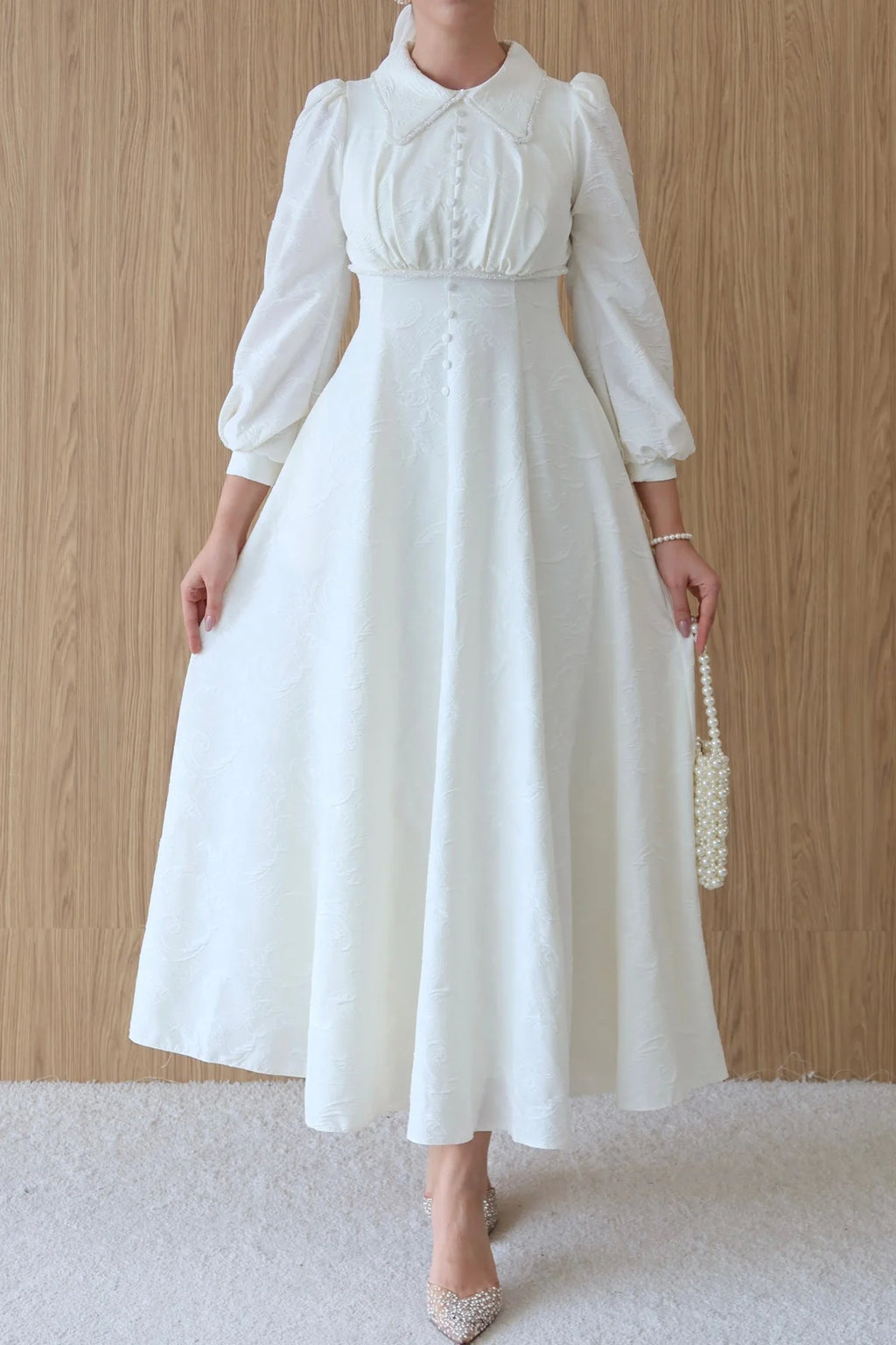 Anna Beaded Collar Jacquard Dress
