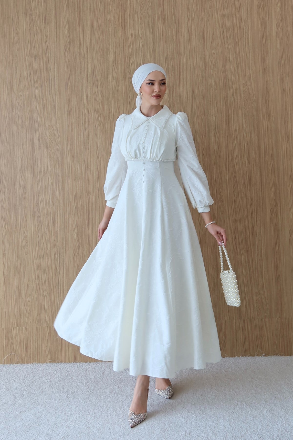 Anna Beaded Collar Jacquard Dress