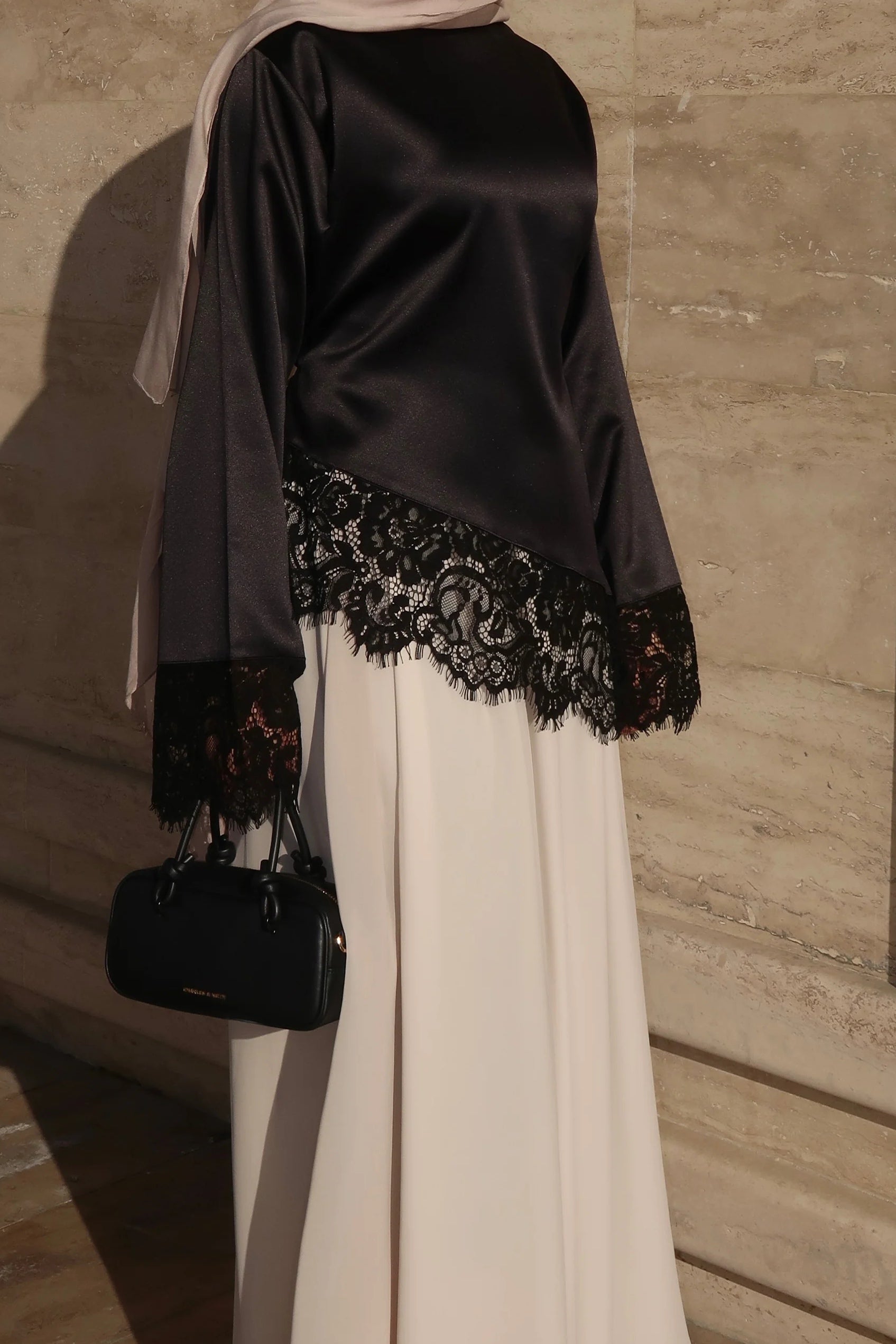 Lace-Trimmed Satin Modest Blouse-Black