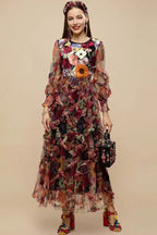 Embroidered Floral Mesh Maxi Dress with 3D Textured Blossoms