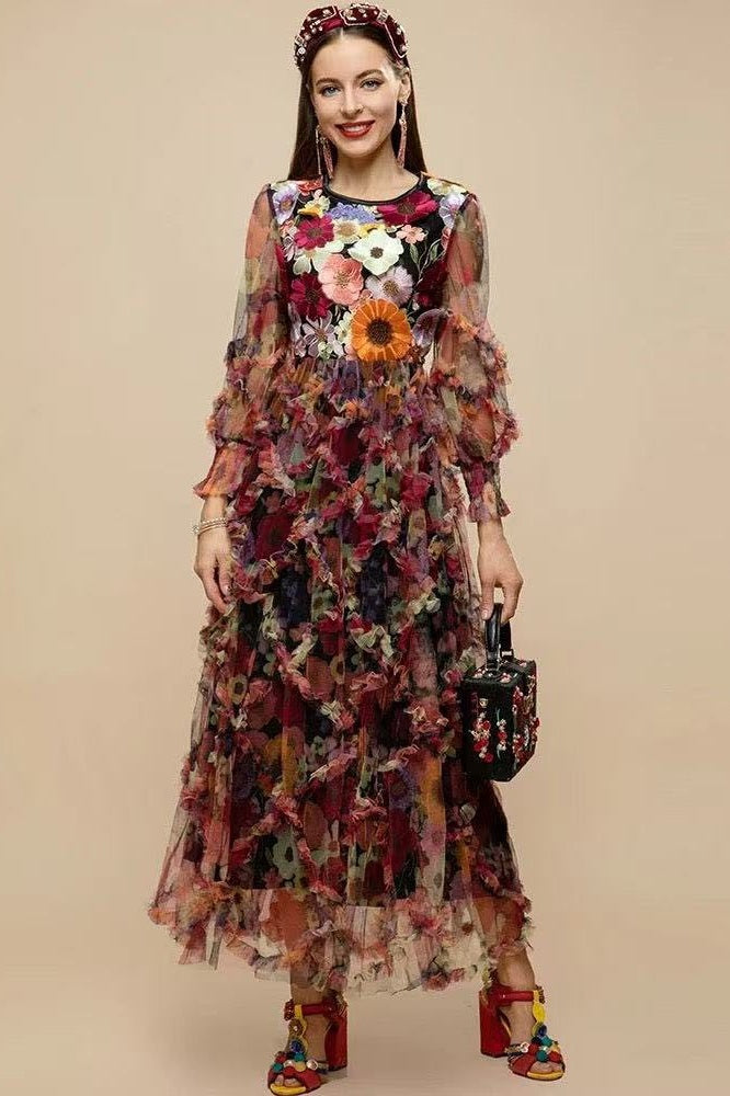 Embroidered Floral Mesh Maxi Dress with 3D Textured Blossoms