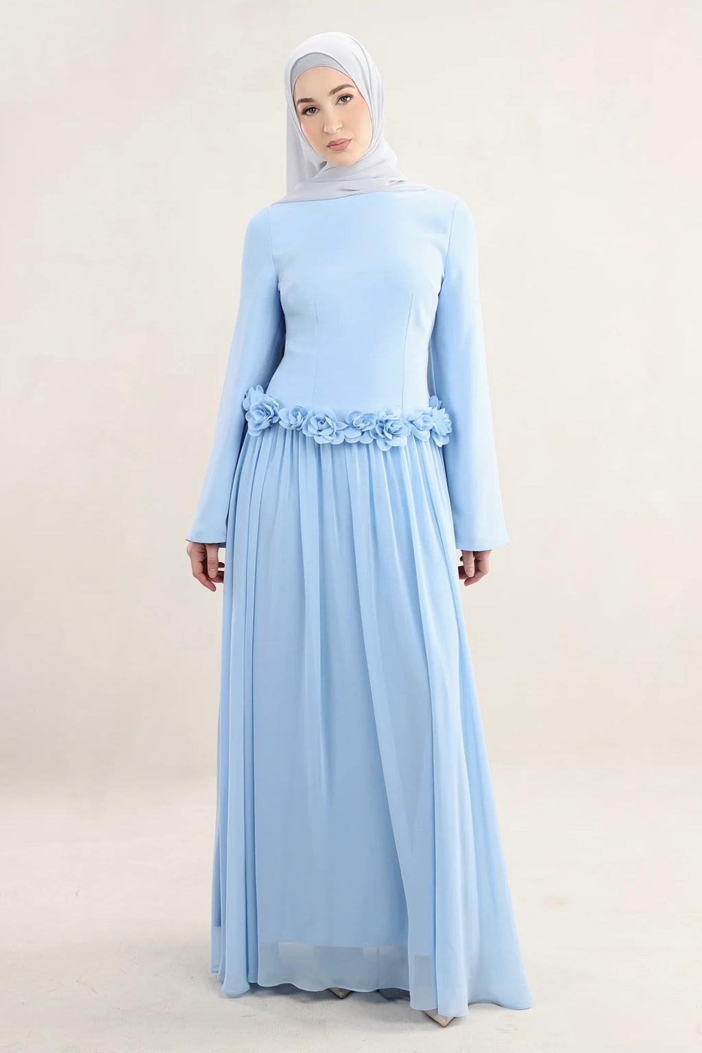 Embroidered Floral Texture Dress-Blue