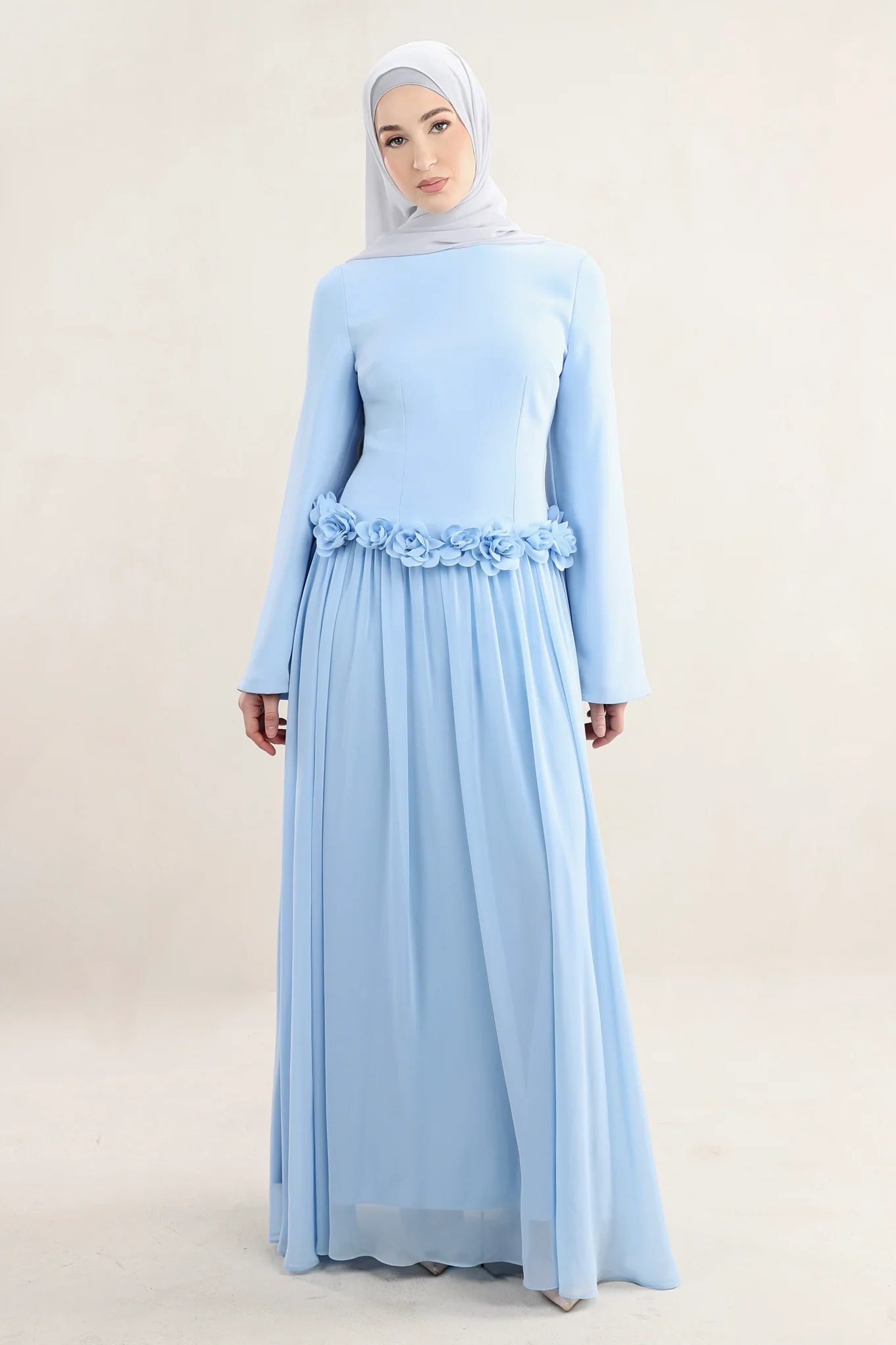 Embroidered Floral Texture Dress-Blue