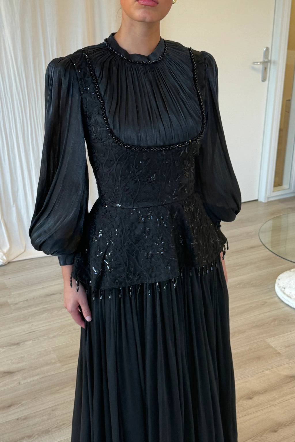 Lace Peplum Pleated Maxi Dress-Black