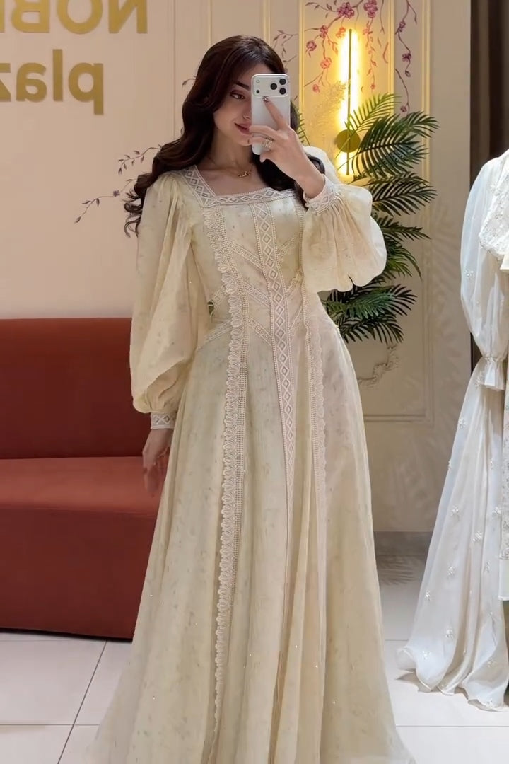 Sylvia Lace Panel Puff Sleeve Maxi-Apricot