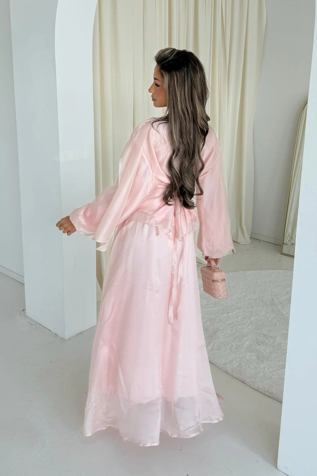 Luminous Organza Tie Neck Maxi Dress-Pink