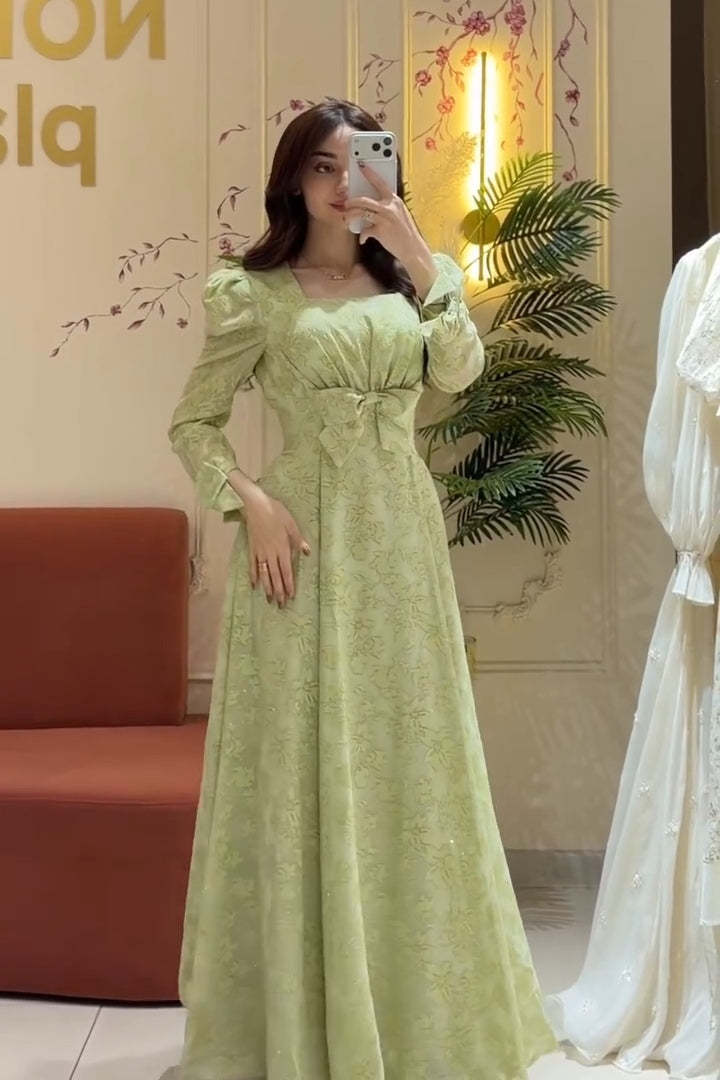 Elara Bow Floral Puff Sleeve Midi-Green