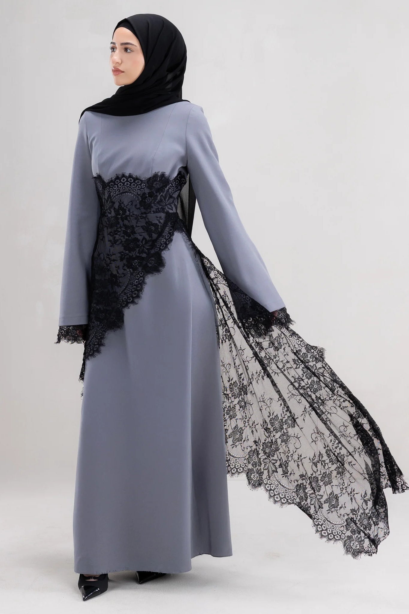 Asymmetric Lace-Trimmed Maxi Dress-Blue