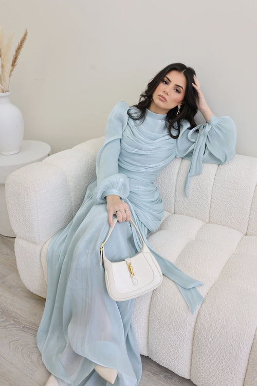 Dina Tie Cuff Draped Pleated Maxi Dress-Blue