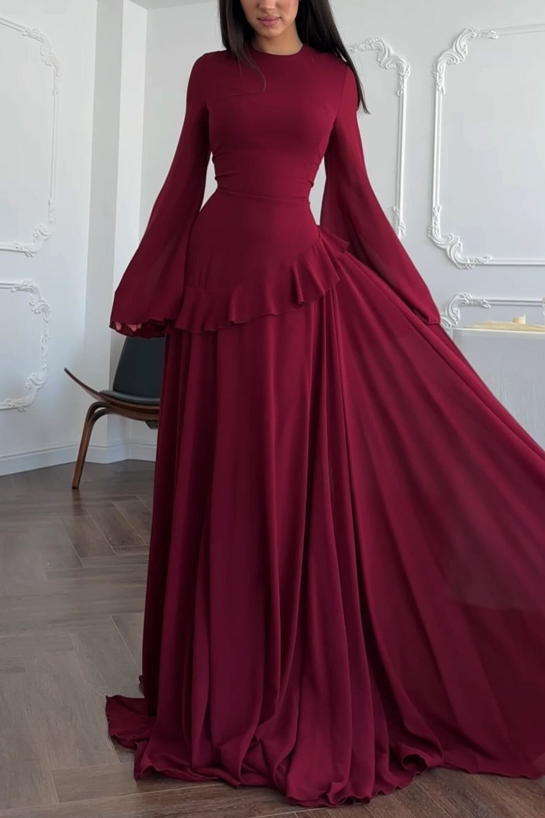 Elegant Luxury Lightweight Long Sleeve Maxi Dress-Red
