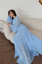 Elegant Luxury Lightweight Long Sleeve Maxi Dress-Blue