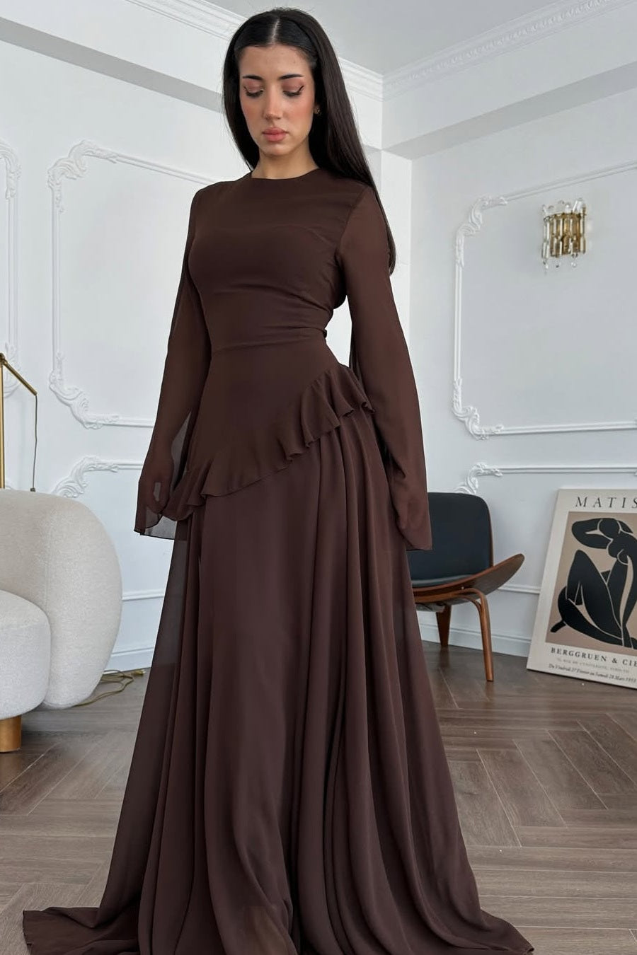 Elegant Luxury Lightweight Long Sleeve Maxi Dress-Brown