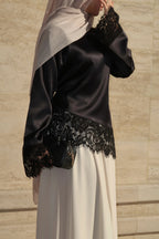 Lace-Trimmed Satin Modest Blouse-Black