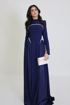Maya Pearl Trim High Neck Gathered Maxi Dress-DarkBlue