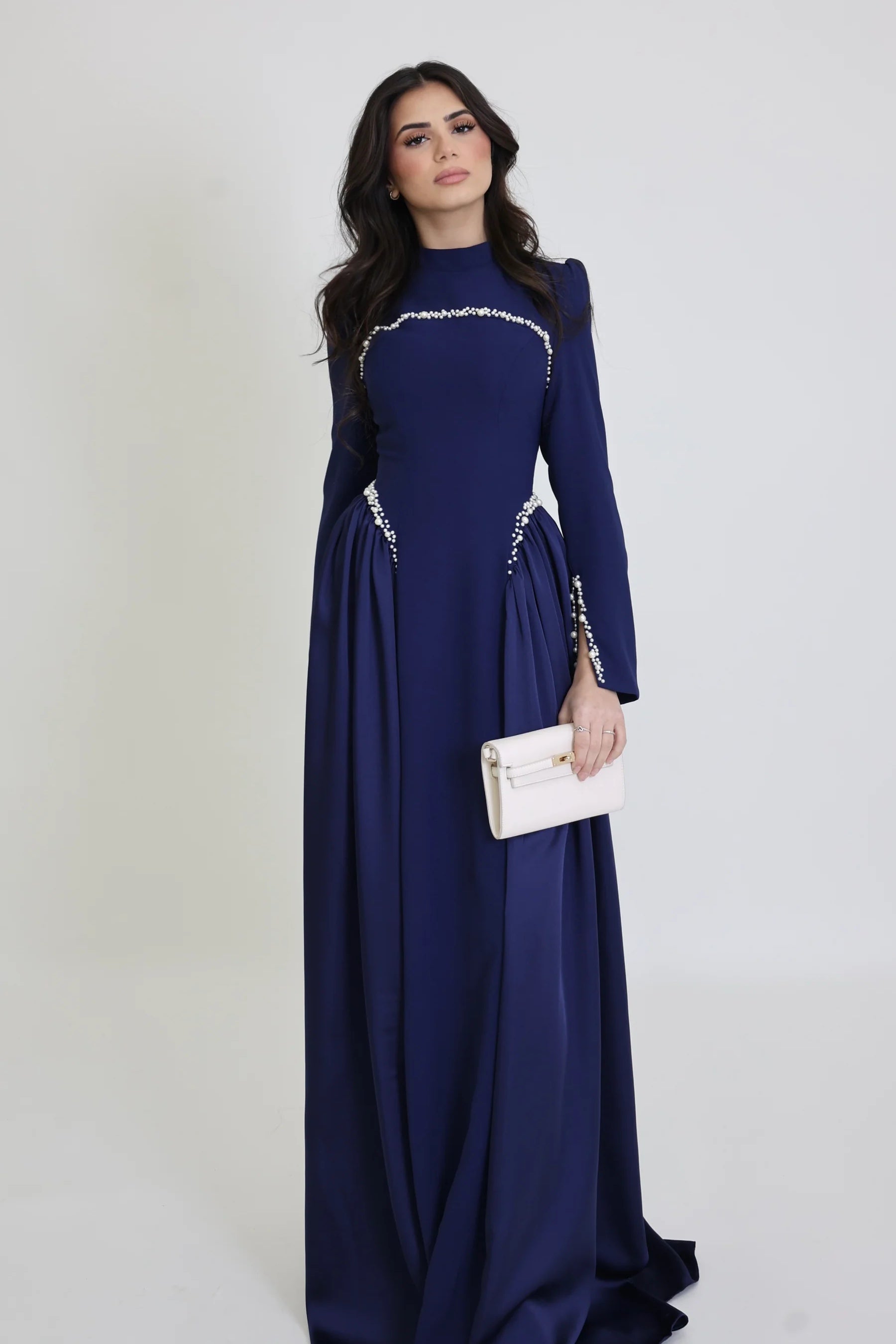 Maya Pearl Trim High Neck Gathered Maxi Dress-DarkBlue