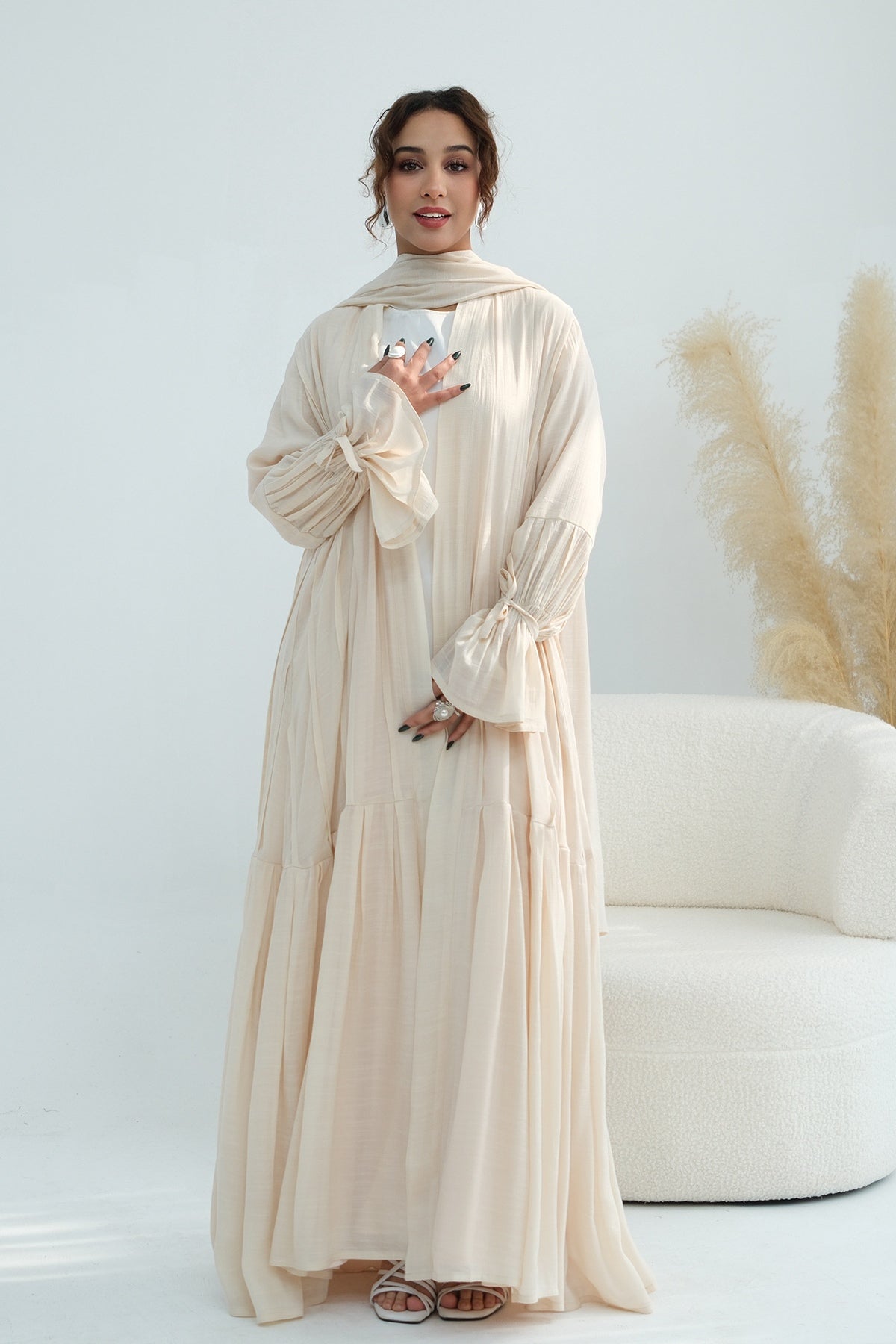 Rahma Tiered Flare Cuff Open Abaya-Apricot