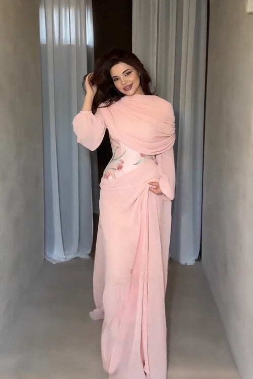 Aria Tulip Embroidered Ruched Shawl Maxi Dress-Pink