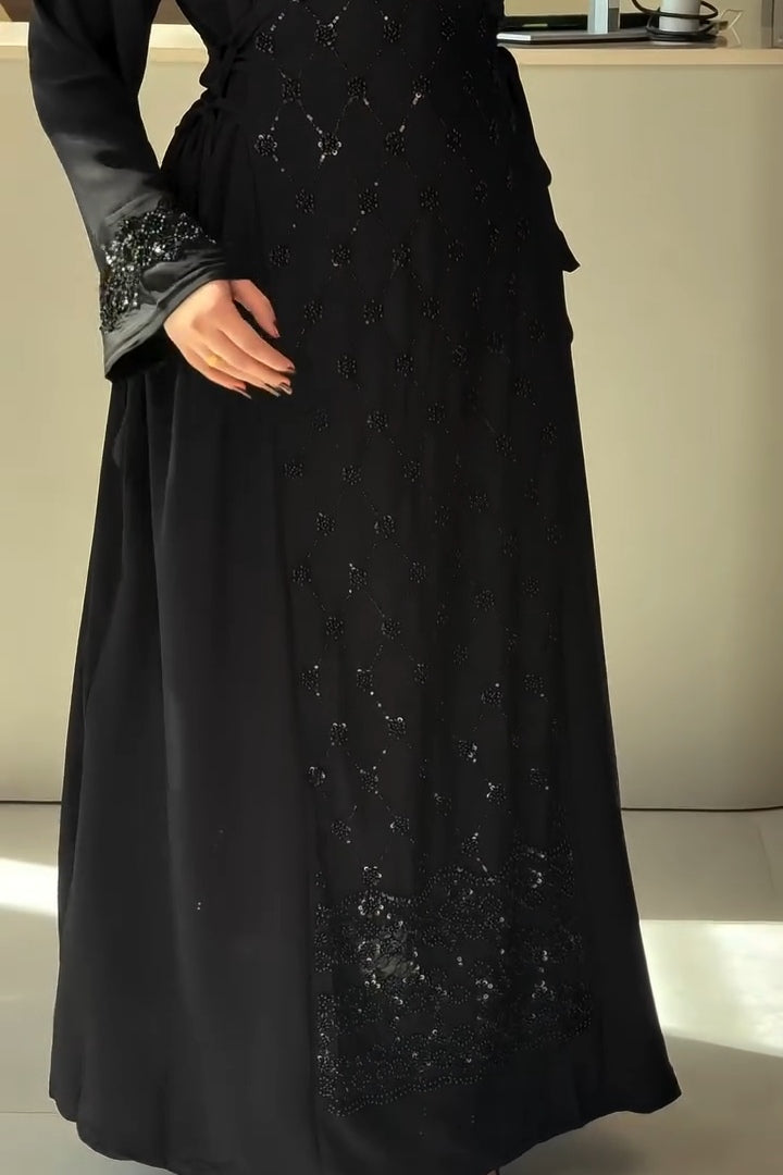 Raya Sequin Tie Waist Abaya Gown
