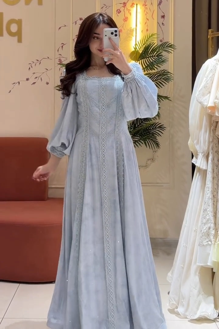 Sylvia Lace Panel Puff Sleeve Maxi-Blue