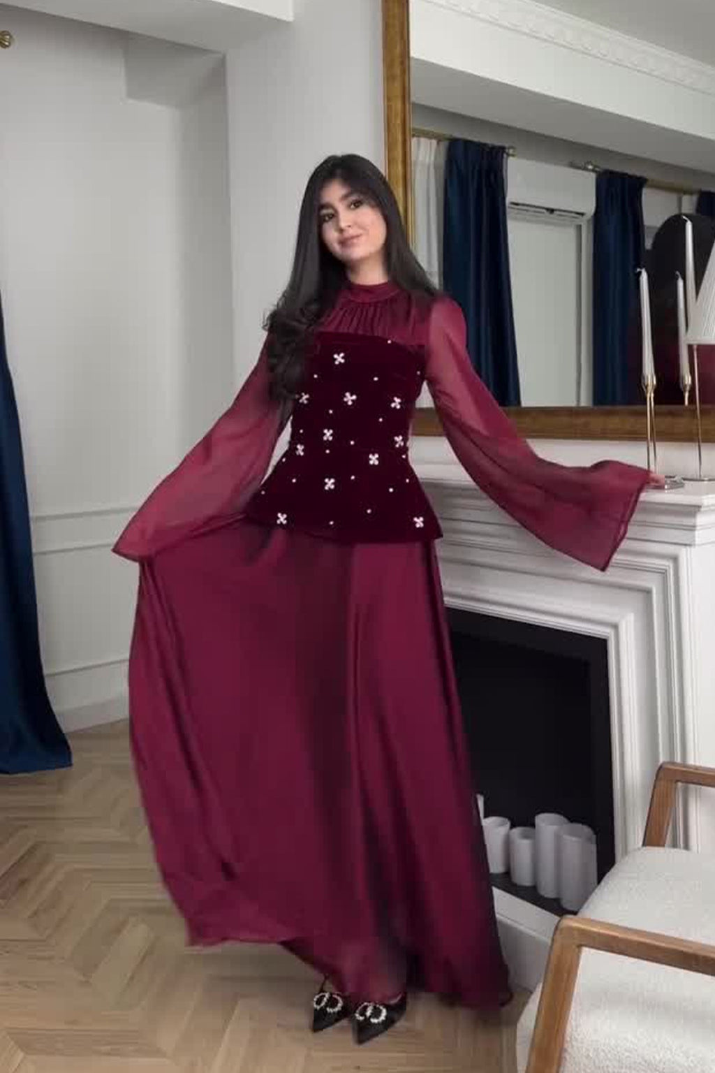 Ranya Beaded Velvet Flare Sleeve Maxi Dress