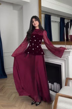 Ranya Beaded Velvet Flare Sleeve Maxi Dress