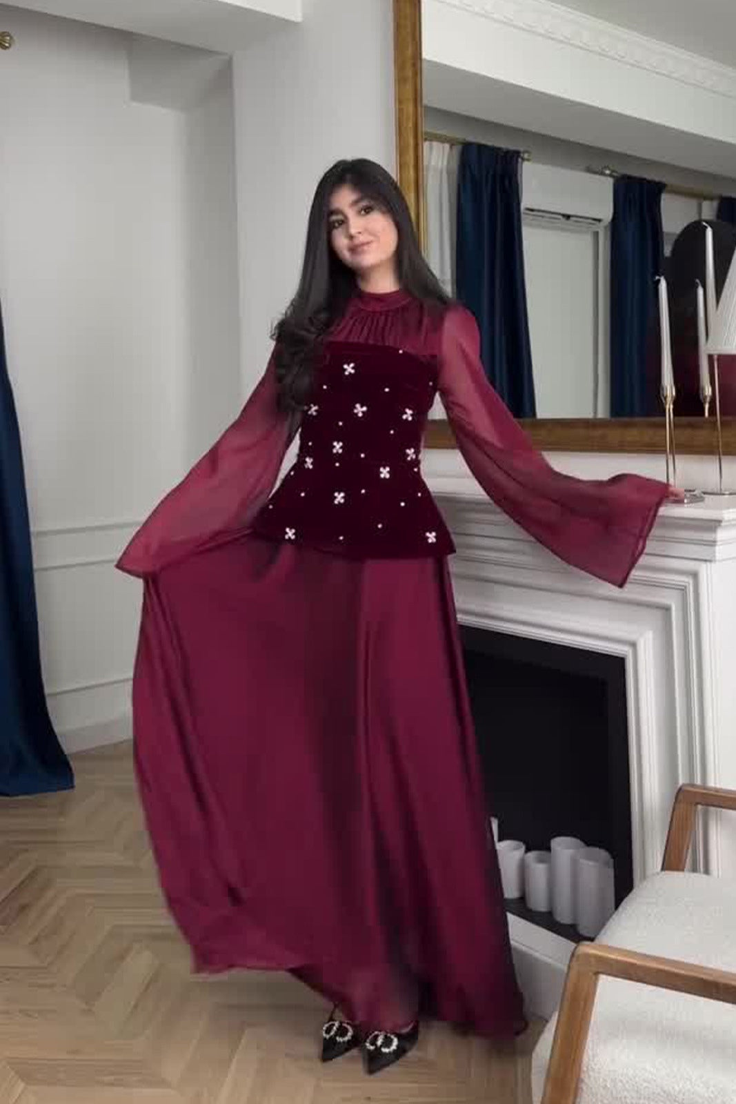 Ranya Beaded Velvet Flare Sleeve Maxi Dress