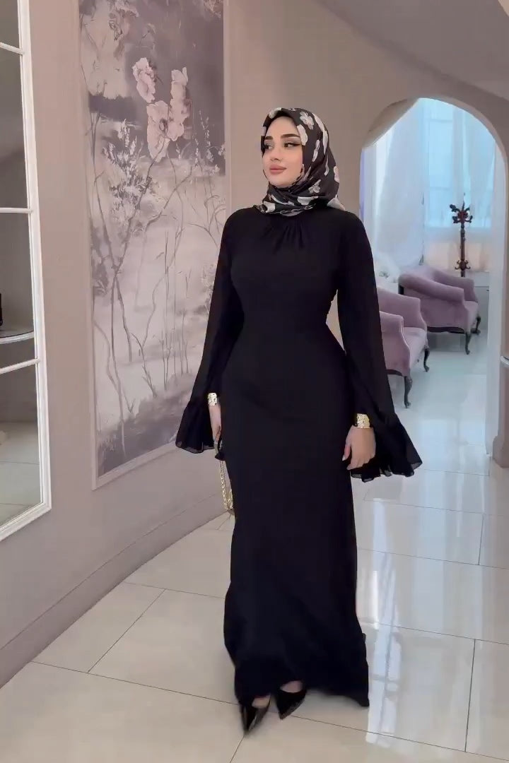 Zahra Neck Gathered Flare Sleeve Maxi Dress