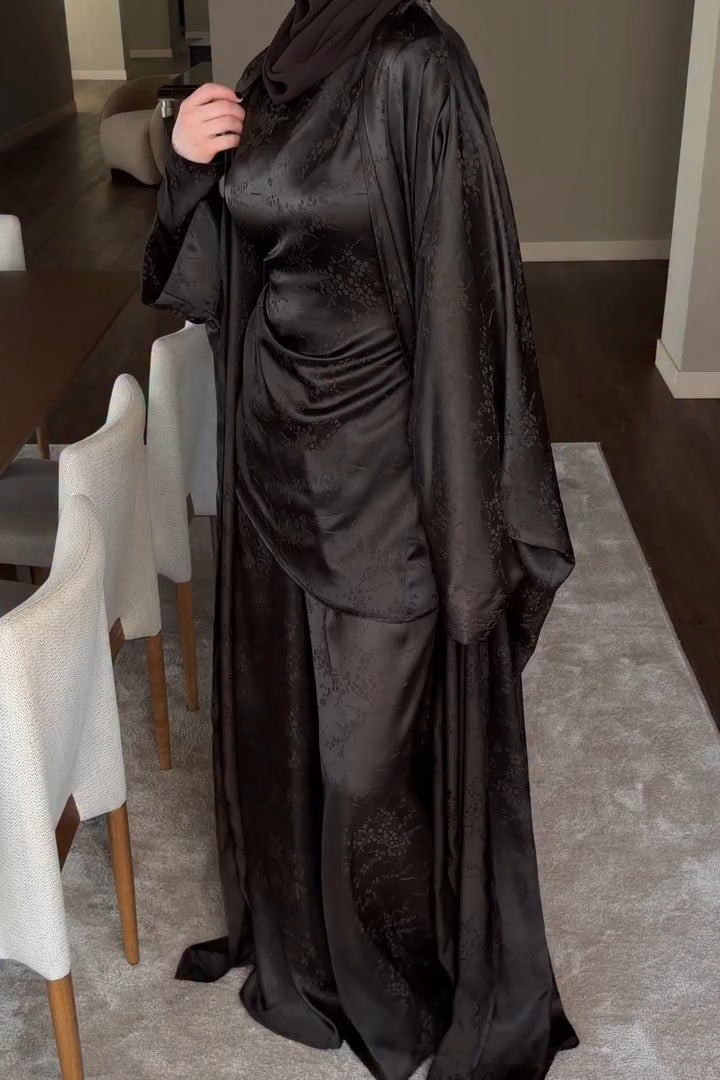 Zahra Floral Jacquard Open Abaya Set-Black