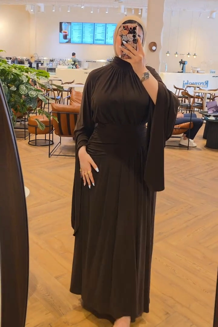 Selma Ruched High‑Neck Flare‑Sleeve Abaya