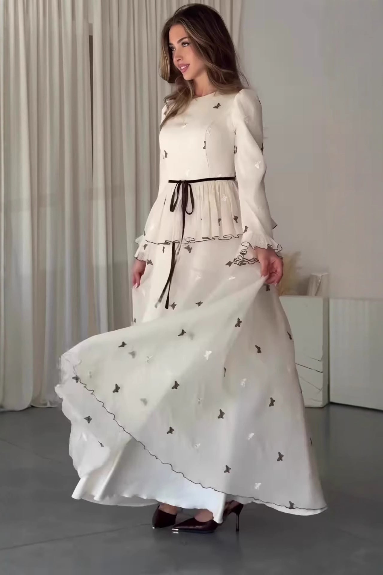 Lila Butterfly Embroidered Tie Waist Maxi Dress