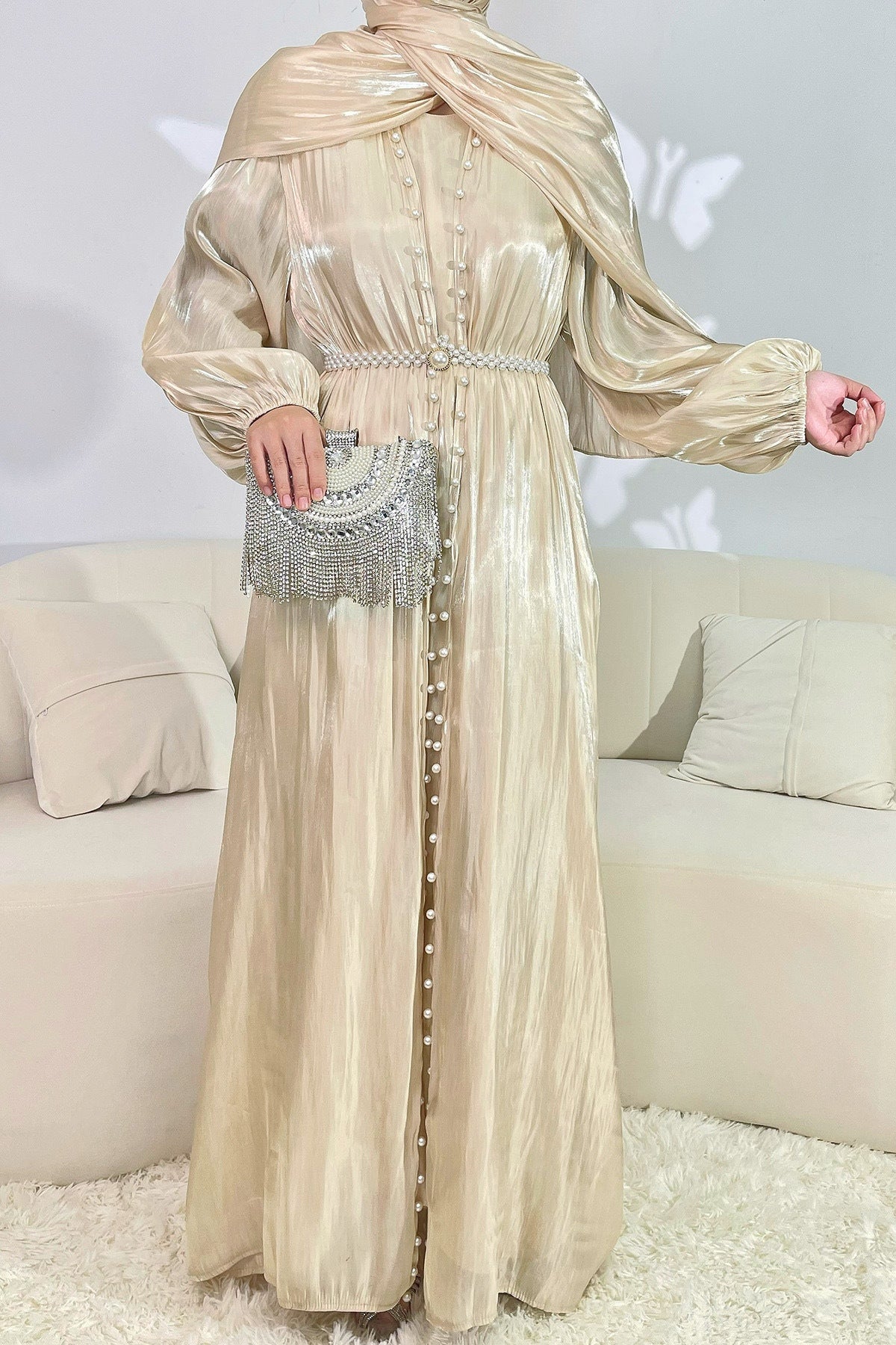 Maya Pearl Belt Shimmer Three-Piece Co-ord-Apricot
