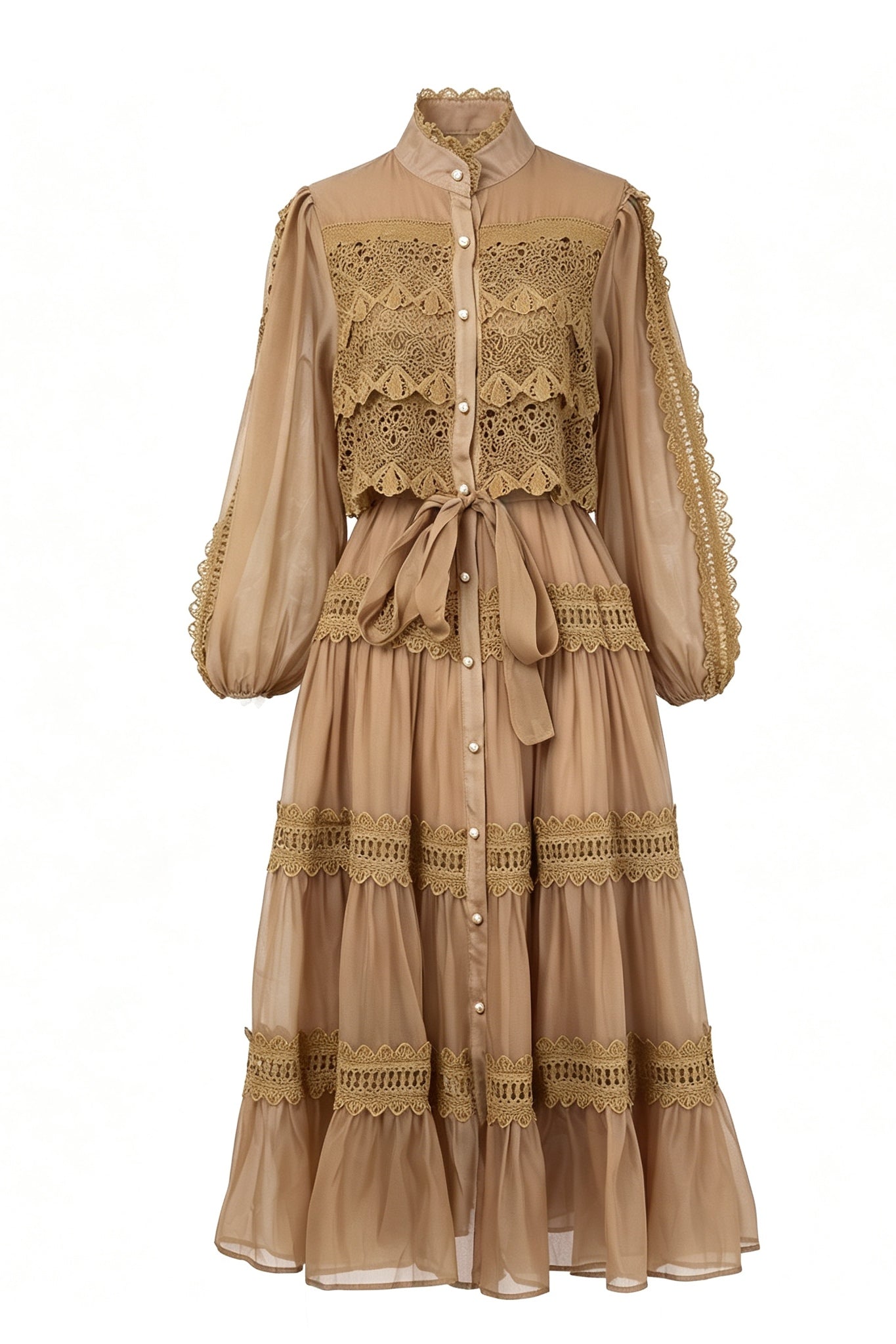 Lulu Lace Tiered Tie Waist Midi-Khaki