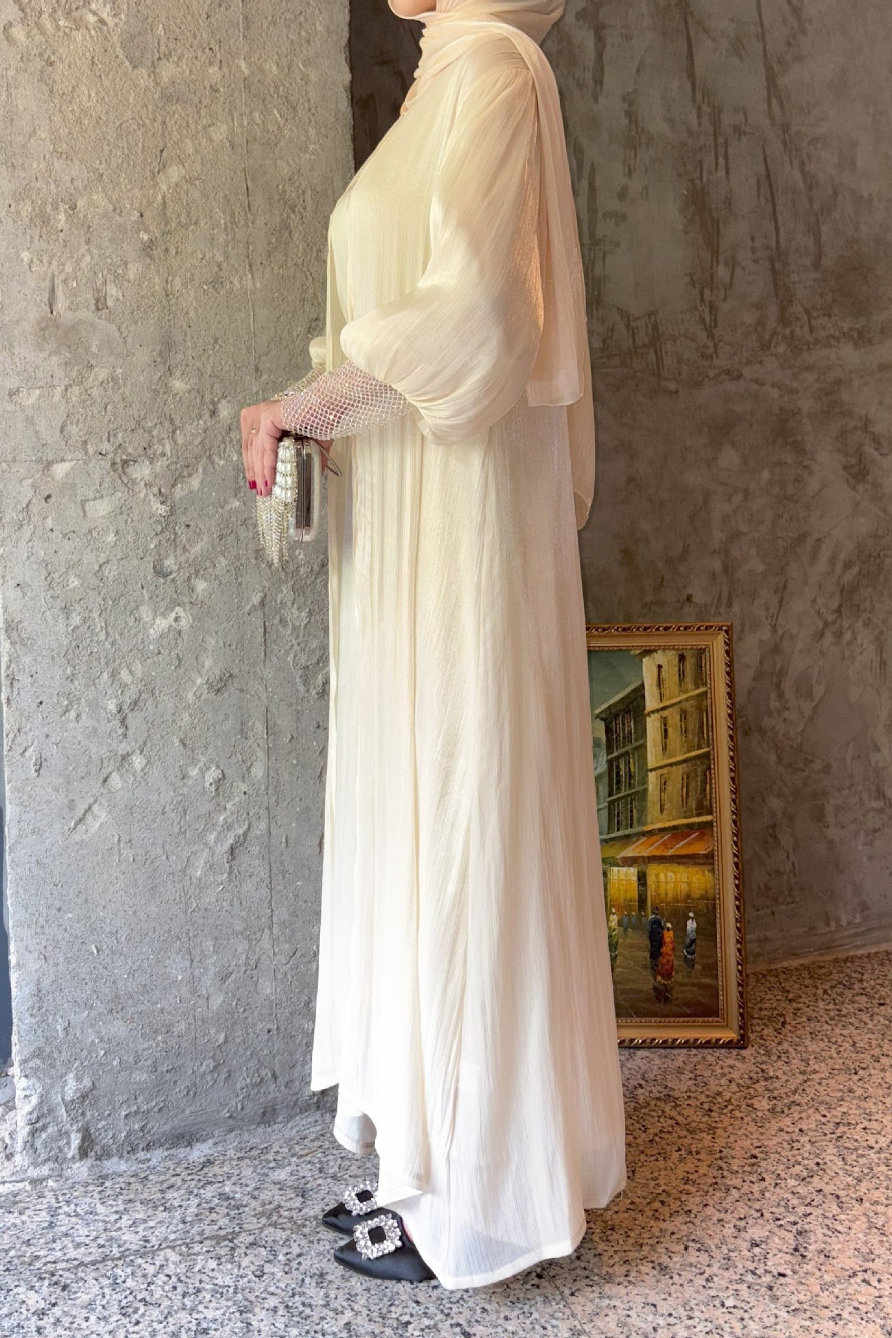 Sara Rhinestone Cuff Two-Piece Abaya-Apricot