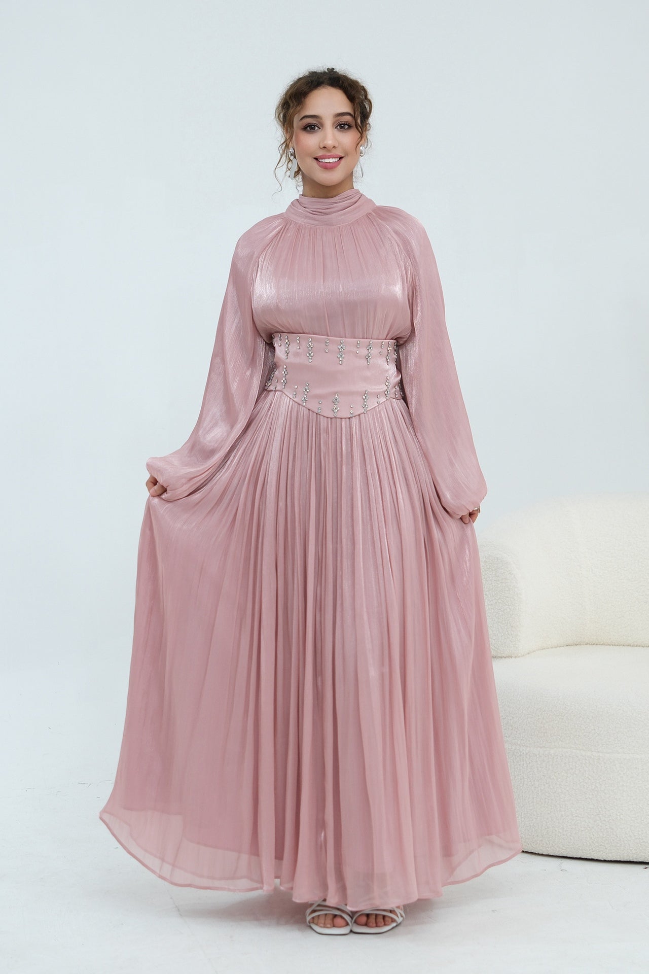 Rania Beaded Waist Shimmer Maxi-Pink