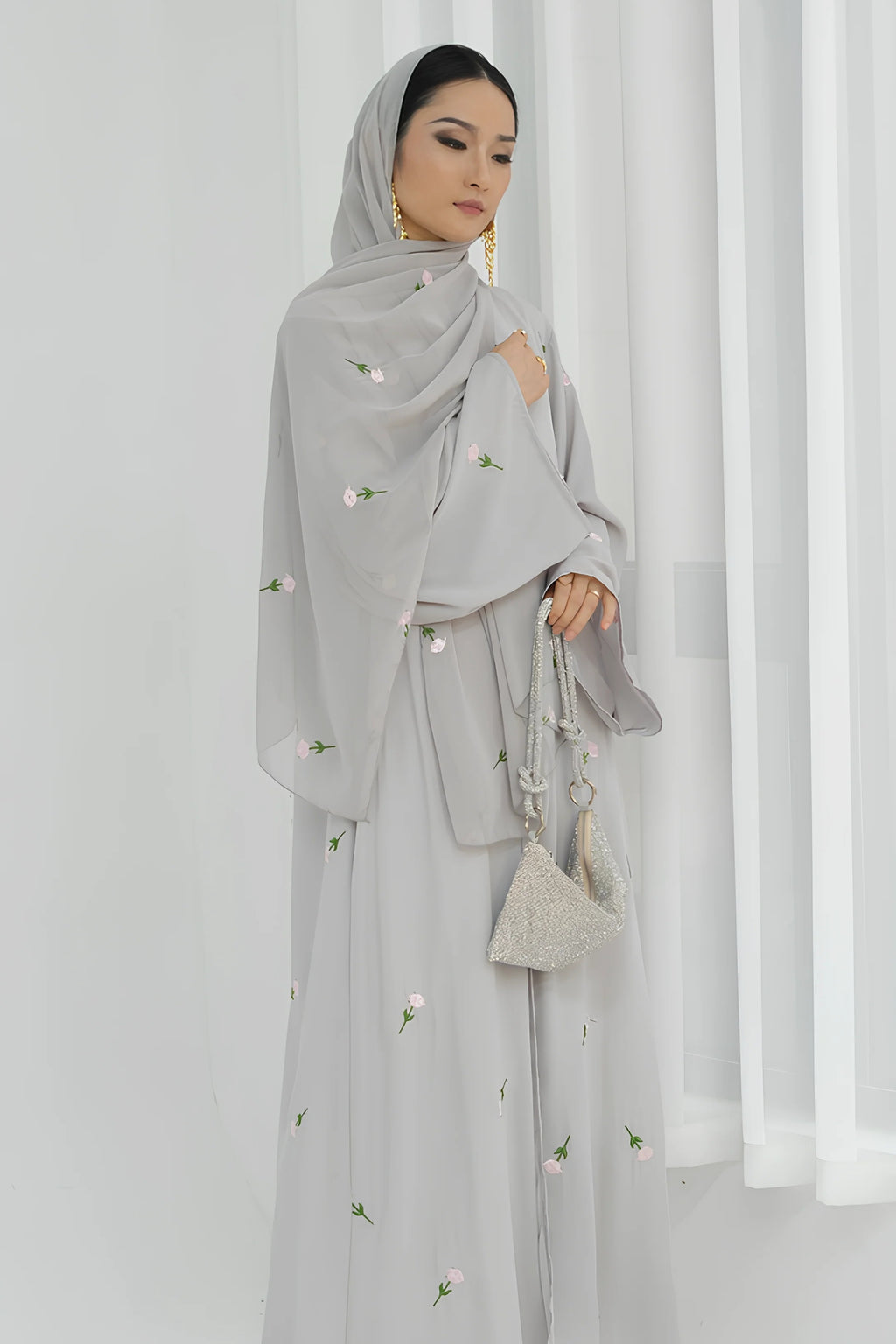 Floral Embroidered Abaya & Hijab Set-Grey