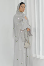 Floral Embroidered Abaya & Hijab Set-Grey