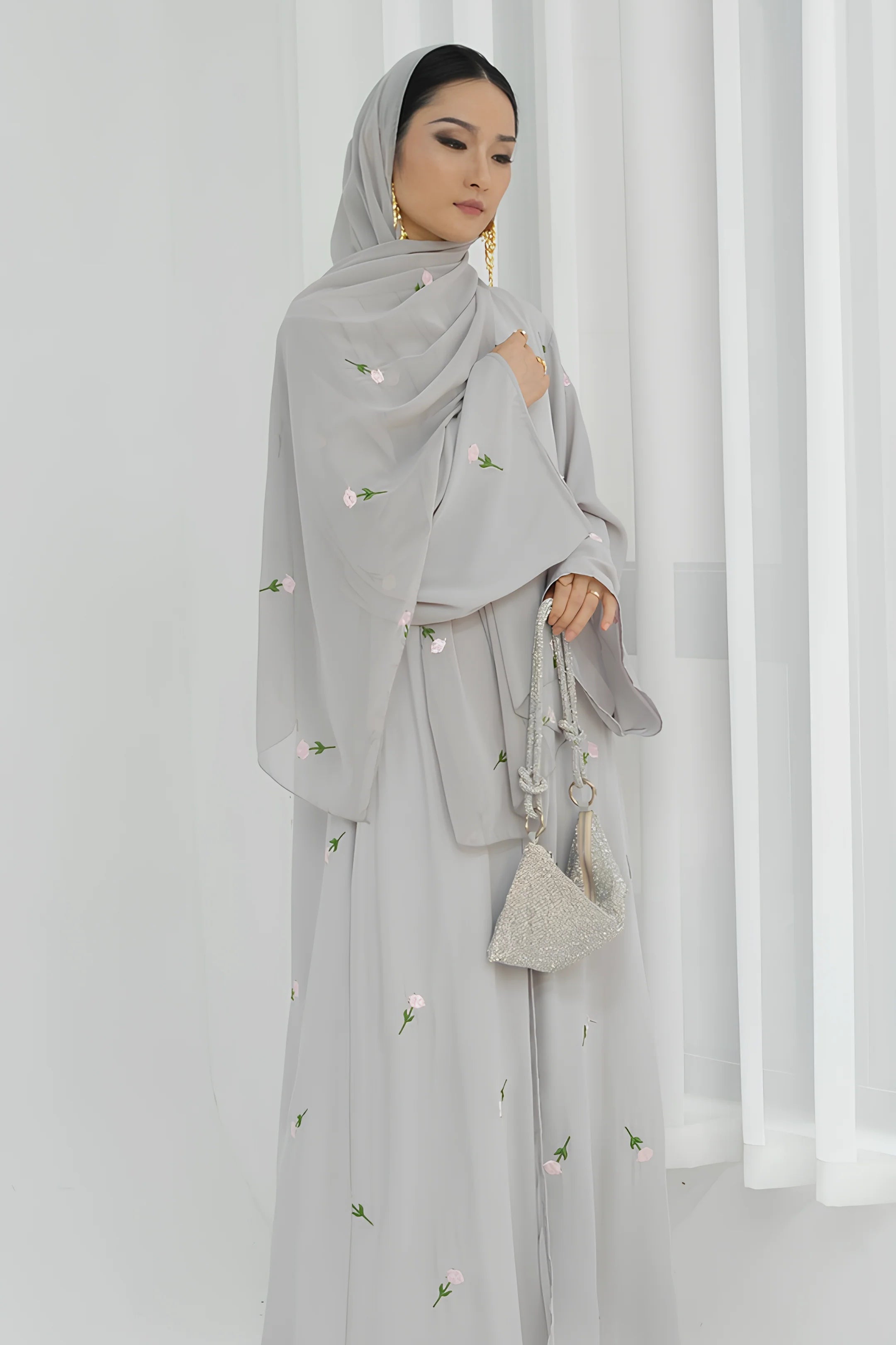 Floral Embroidered Abaya & Hijab Set-Grey