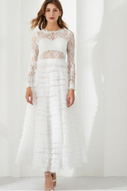 Jayleen Hollow Lace A-line Maxi Dress-White