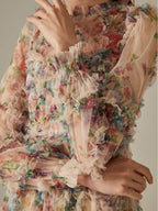 Candice Floral Ruffled Tulle Midi Dress-Apricot