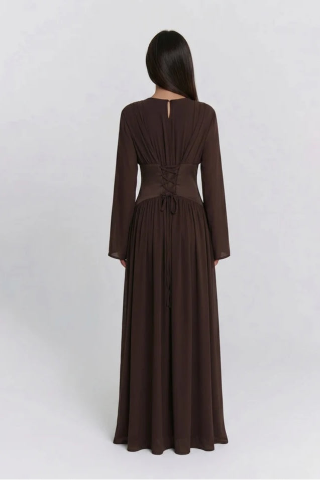 Iris Gathered Waist Flare Sleeve Maxi Dress-Coffee