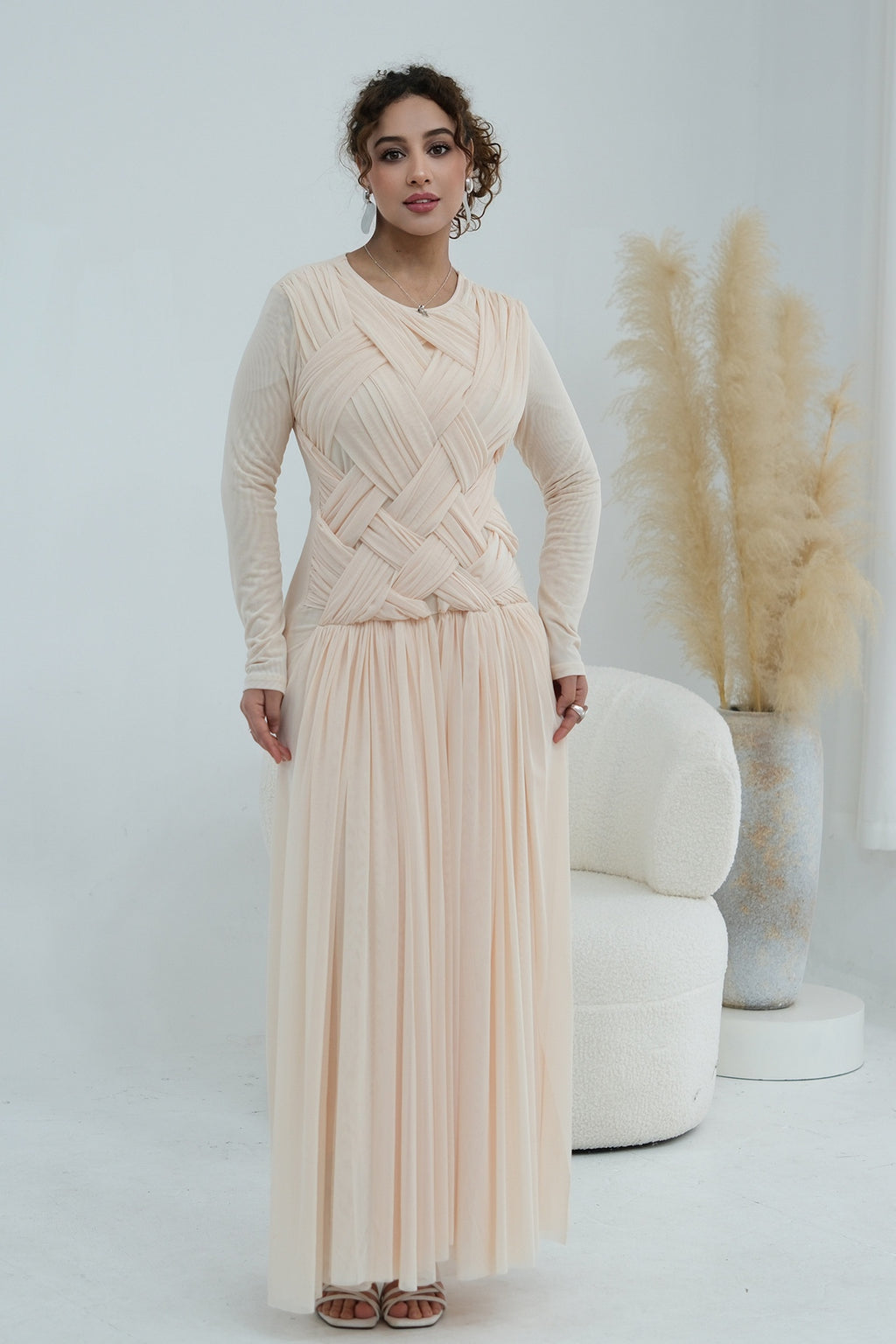 Grace Woven Mesh Maxi Dress-Apricot