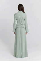 Nur V Neck Beaded Two Piece Abaya-Green