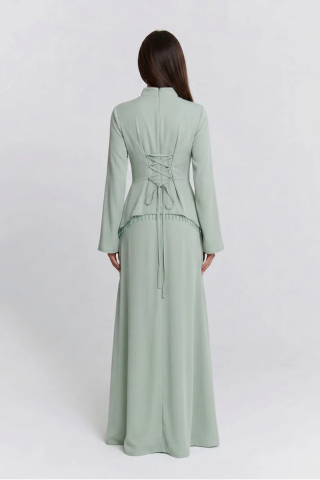 Nur V Neck Beaded Two Piece Abaya-Green