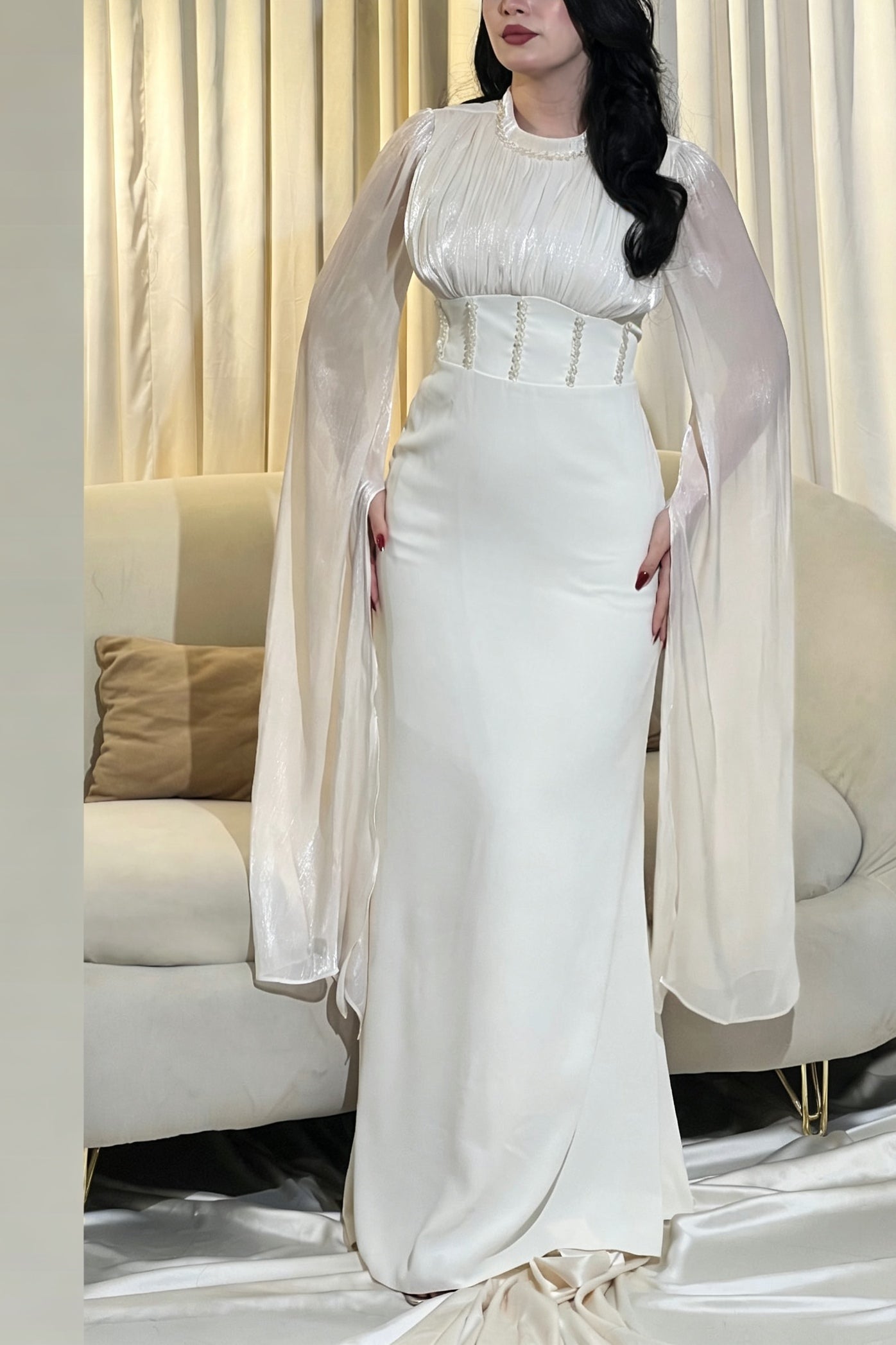Serena Beaded Corset Bell Sleeve Gown
