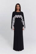 Lace-Trimmed Cape Overlay Modest Maxi Dress-Black