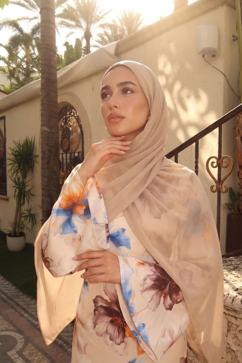 Large Floral Print Bell Sleeve Maxi Dress-White