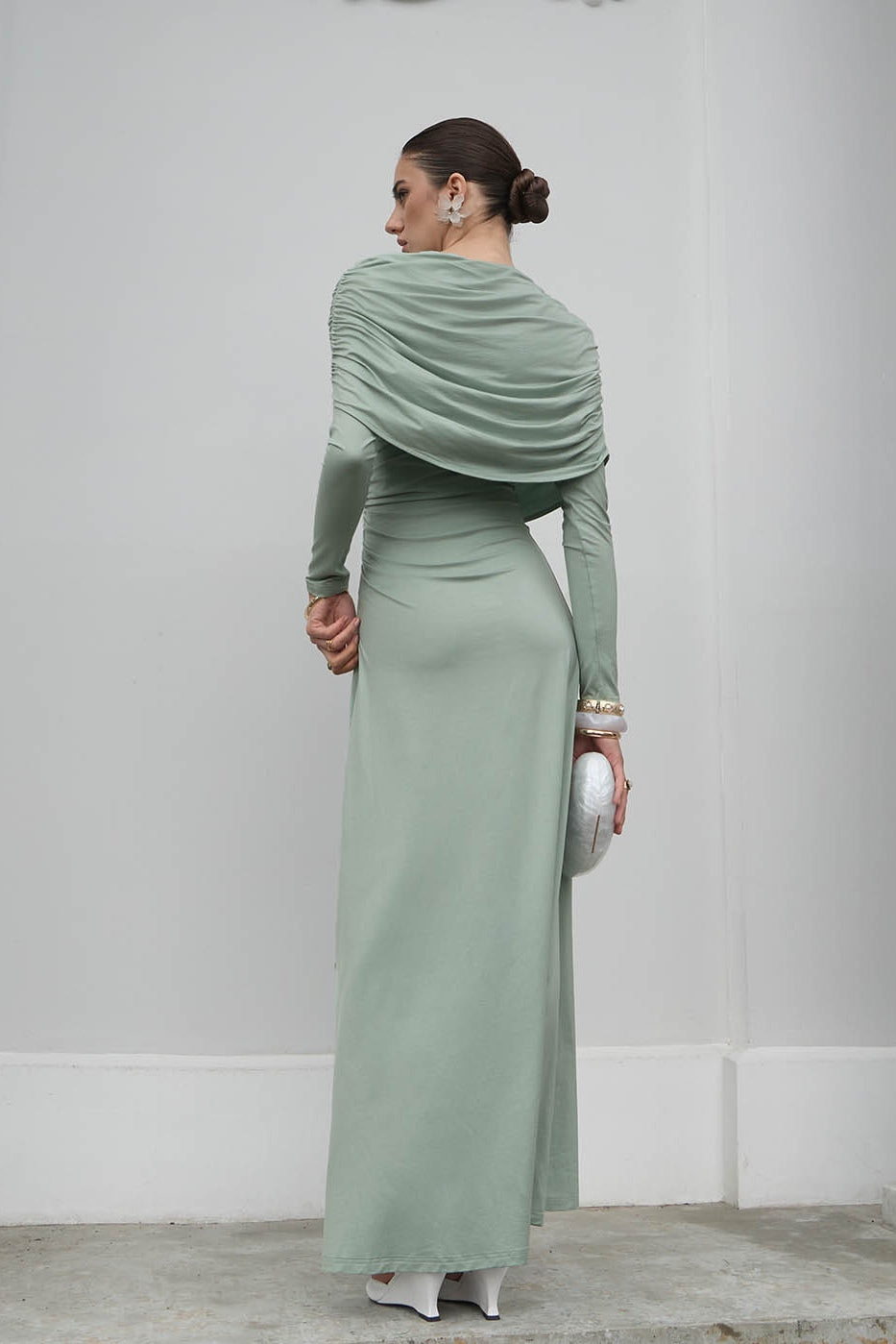Draped Long-Sleeve Maxi Dress-Green