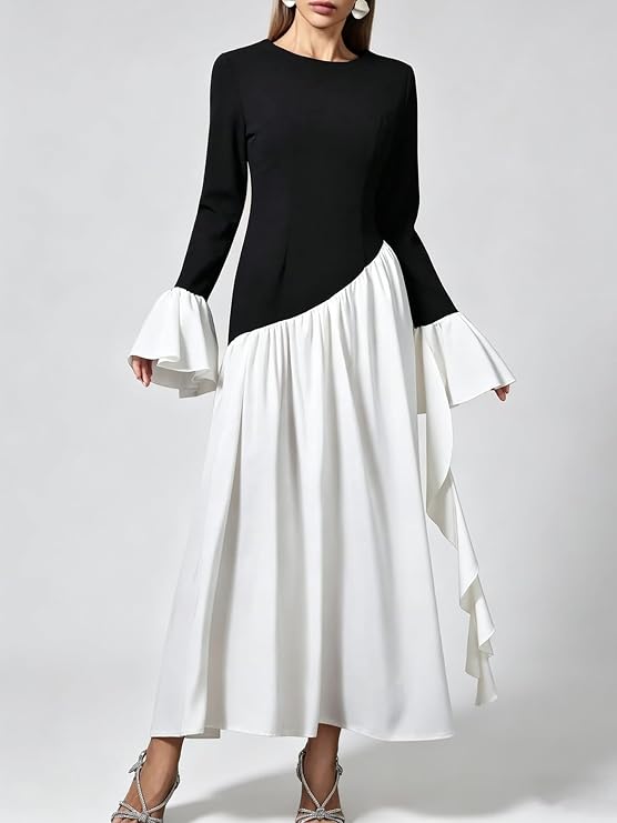 Amara Contrast Ruffle Sleeve Maxi Dress
