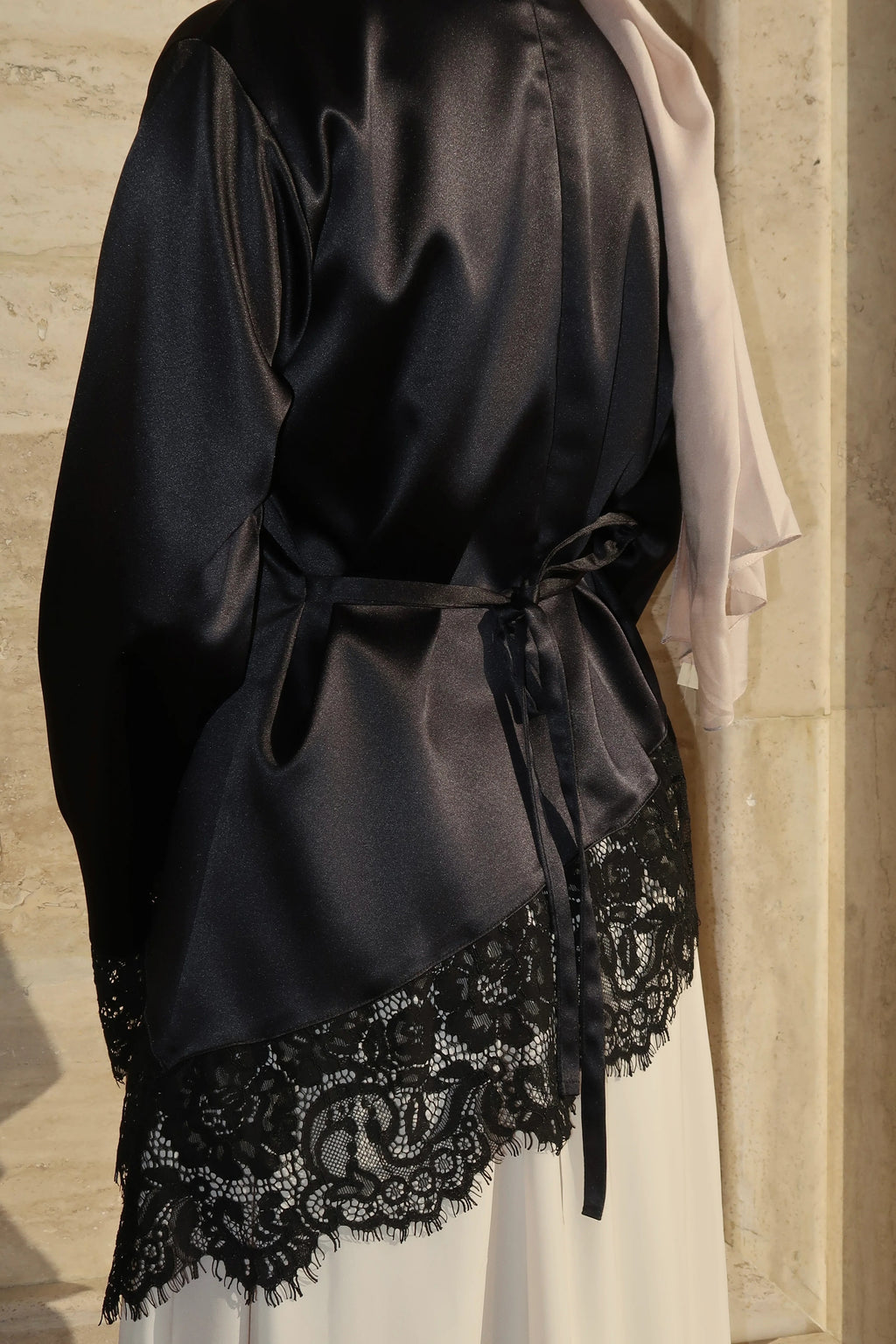 Lace-Trimmed Satin Modest Blouse-Black