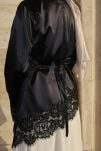 Lace-Trimmed Satin Modest Blouse-Black
